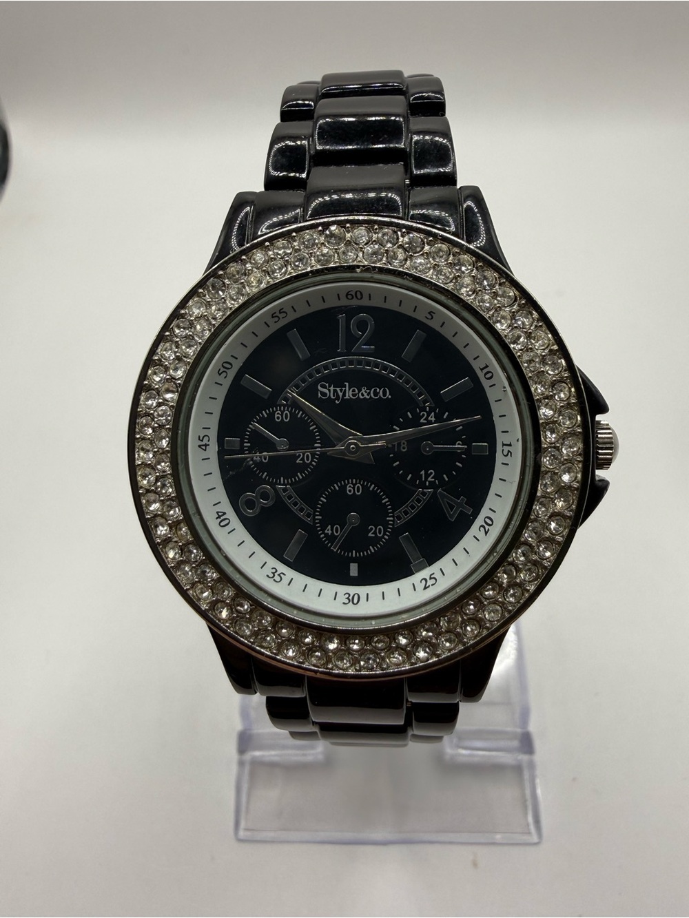 Style & Co Women's Watch with Black Band & Rhinestone Bezel (New Battery)